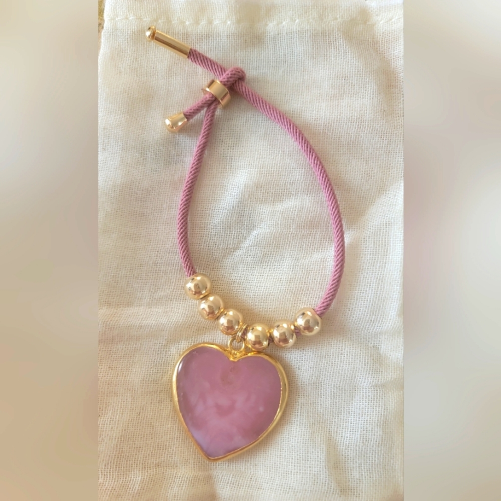 Pink Crystal Heart Charm Dusty Pink Rope Bracelet